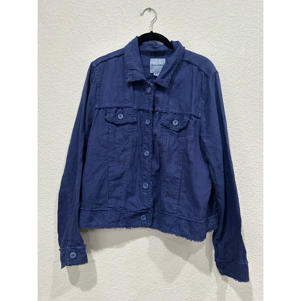 Tommy Bahama Womens Navy Blue 100% Linen Frayed Edge Button Front Jacket Large